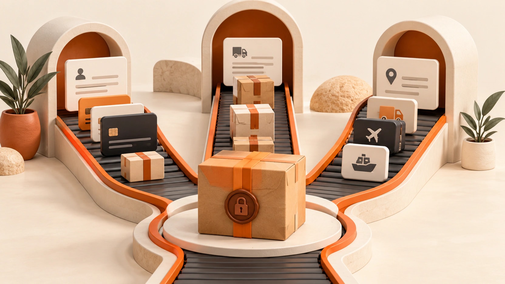 Three checkout conveyor lanes carrying address cards, payment tokens and parcels toward a secured package.