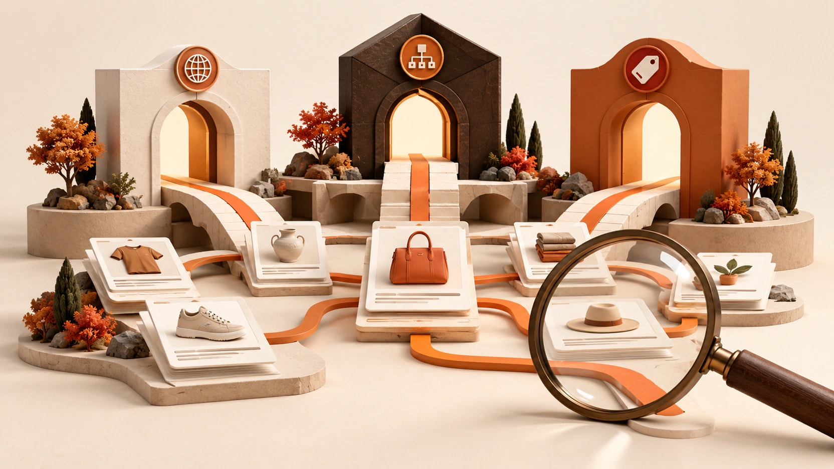 Three architectural gateways connected to catalog cards and an oversized magnifying glass in warm orange and ivory.