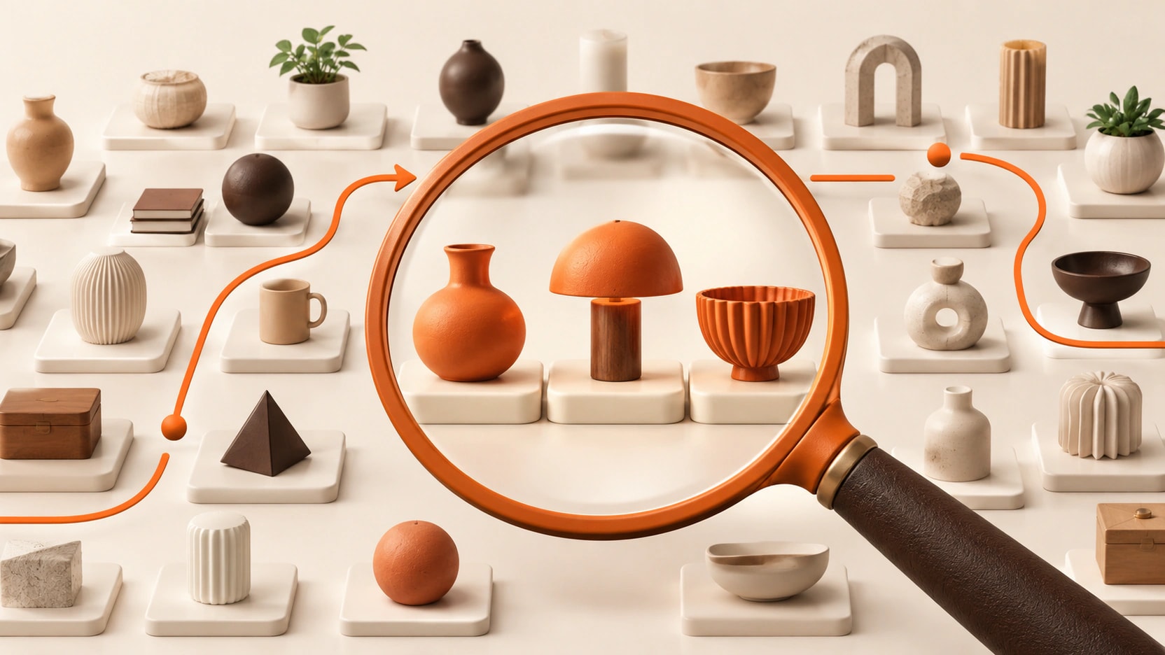 An orange magnifying glass highlights three products within a warm ivory catalog grid.