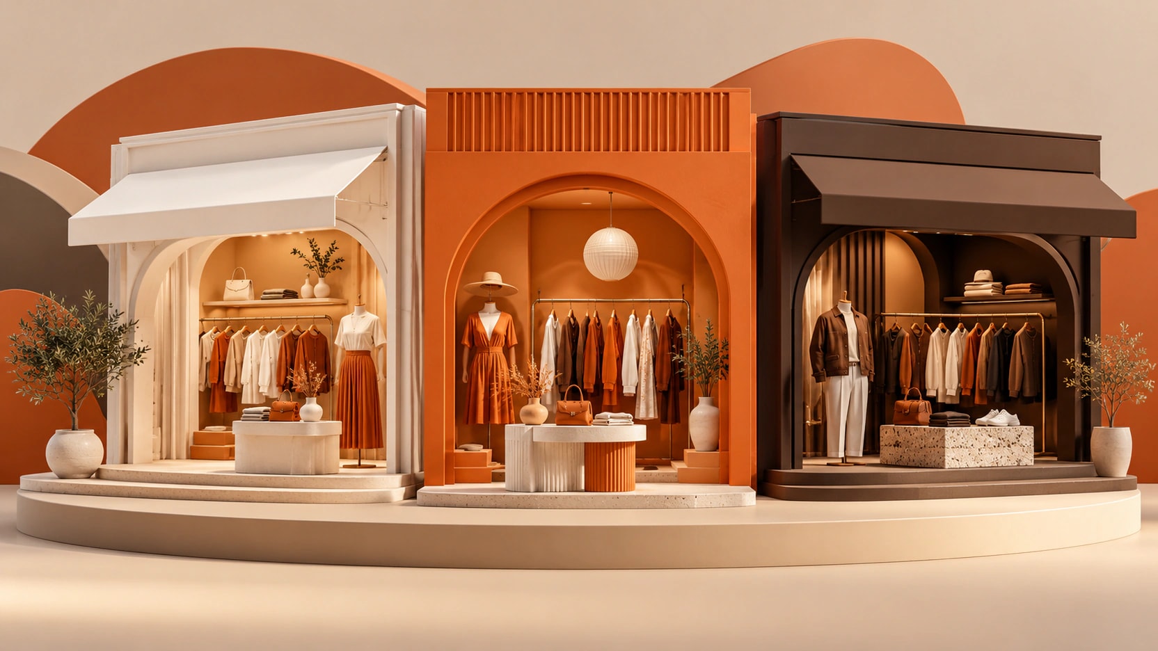 Three distinct orange, ivory and brown fashion storefronts with clothing displays on a shared platform.
