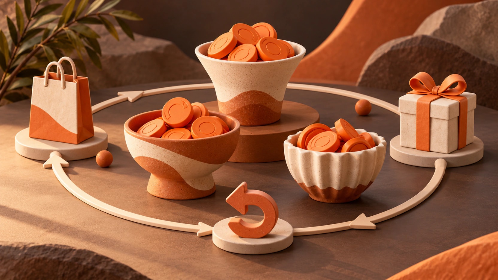 Three ceramic bowls of orange reward tokens surrounded by a shopping bag, gift and circular arrows.