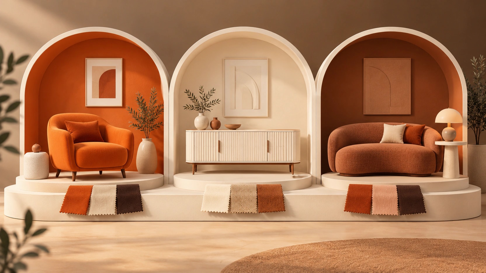 Three warm showroom niches display an armchair, a sideboard and a sofa with fabric swatches.