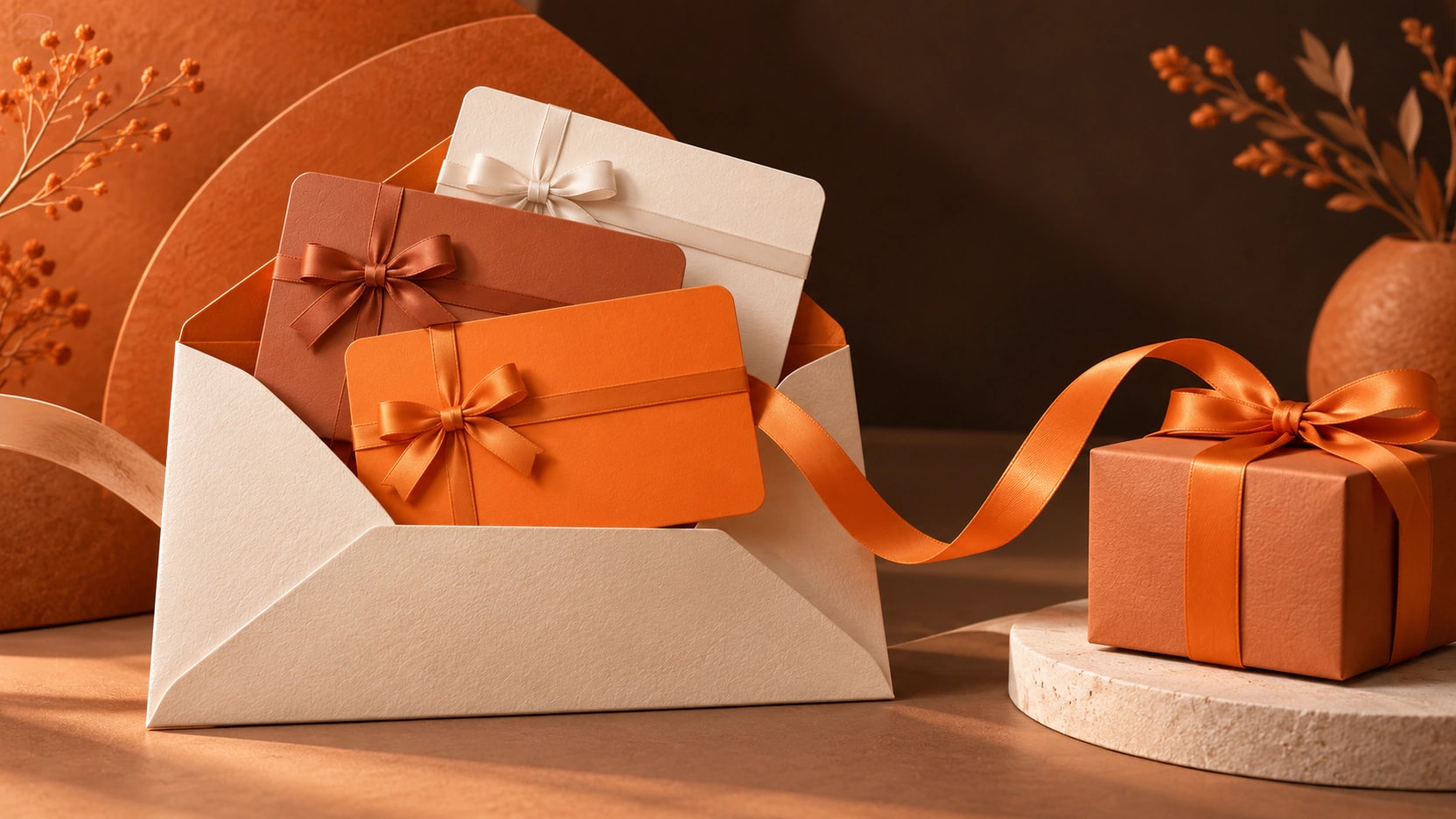 Three blank orange and ivory gift cards with ribbons sit in an envelope beside a wrapped parcel.