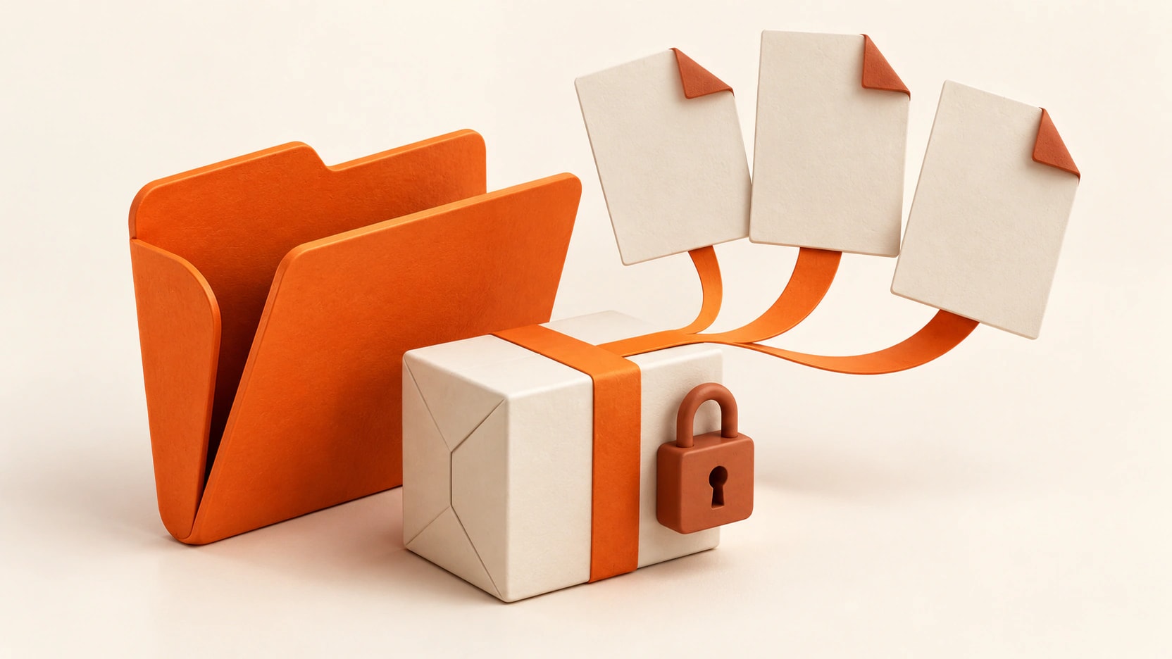 An orange folder and three blank document sheets connect to a product parcel with a padlock.