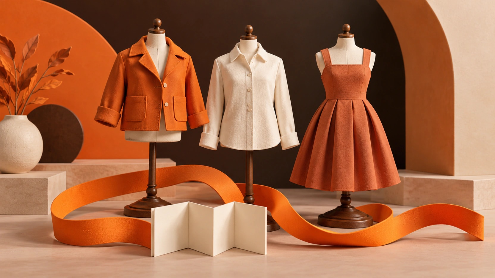 An orange jacket, ivory shirt and terracotta dress stand beside a measuring ribbon and blank size booklet.