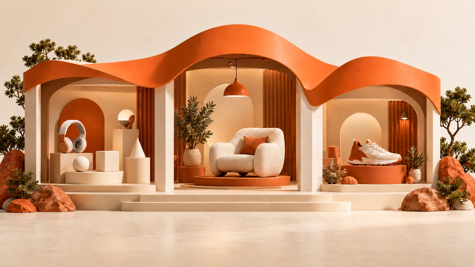 Three retail display bays for headphones, home furnishings and footwear share an orange architectural canopy.