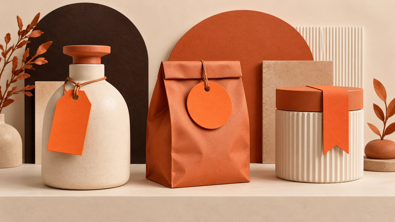 Three unbranded retail products carry blank orange tags and a ribbon on an ivory display shelf.