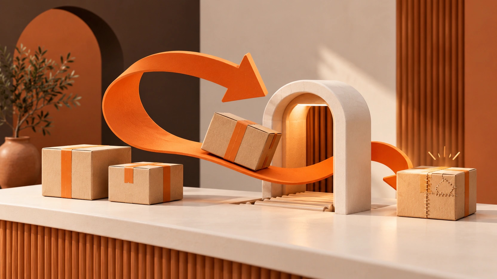 An orange return arrow guides parcels through an inspection arch toward a repaired box.