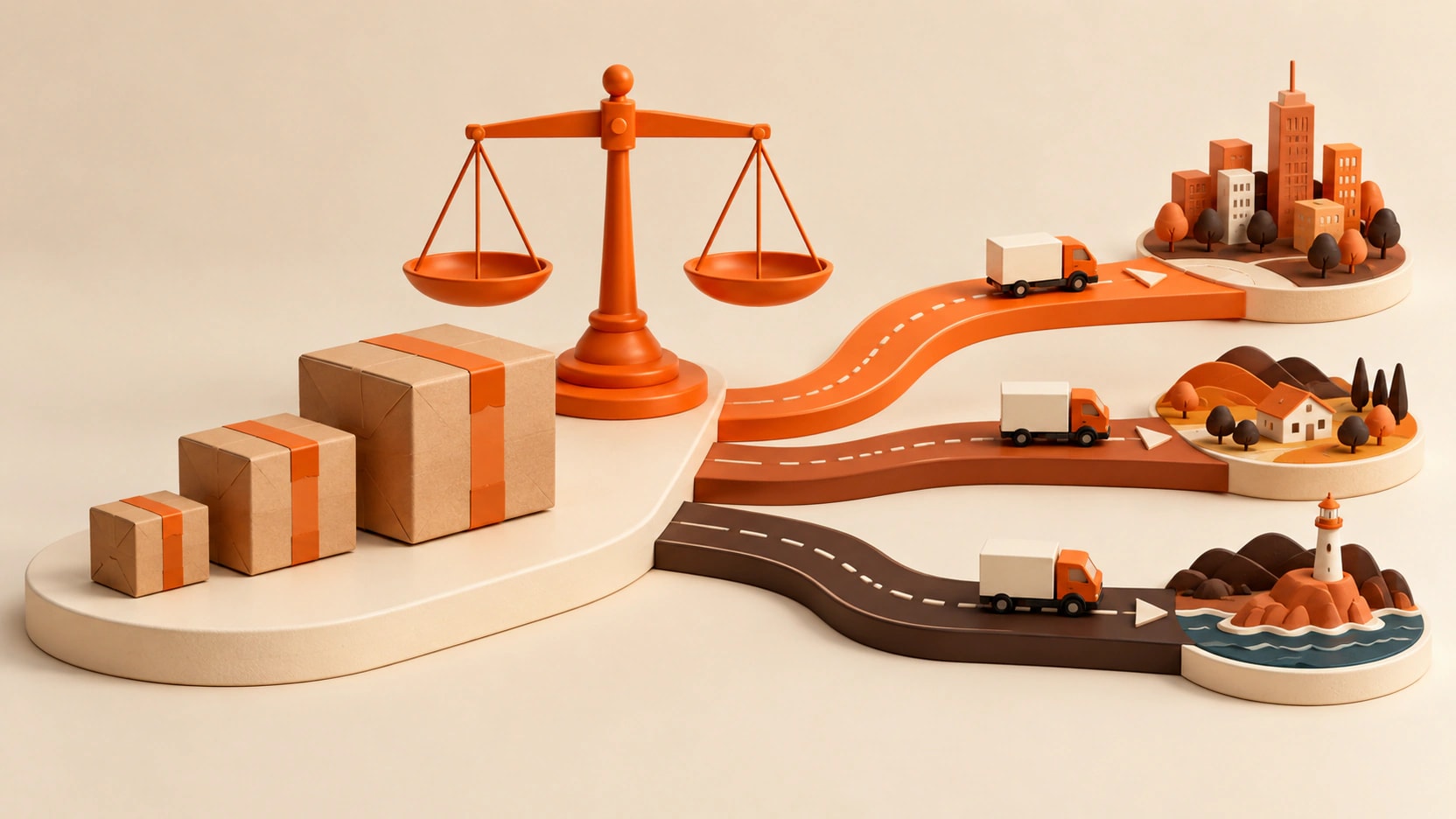 Three parcel sizes, an orange balance scale and delivery lanes illustrate destination and weight-based shipping.