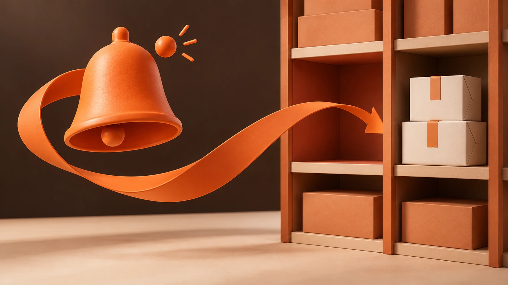 An orange notification bell and sweeping ribbon connect an empty shelf with newly restocked parcels.