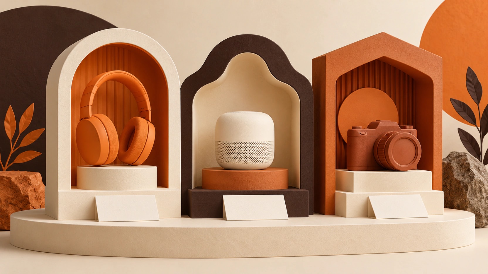 Three warm display niches present unbranded headphones, a speaker and a camera above blank specification cards.