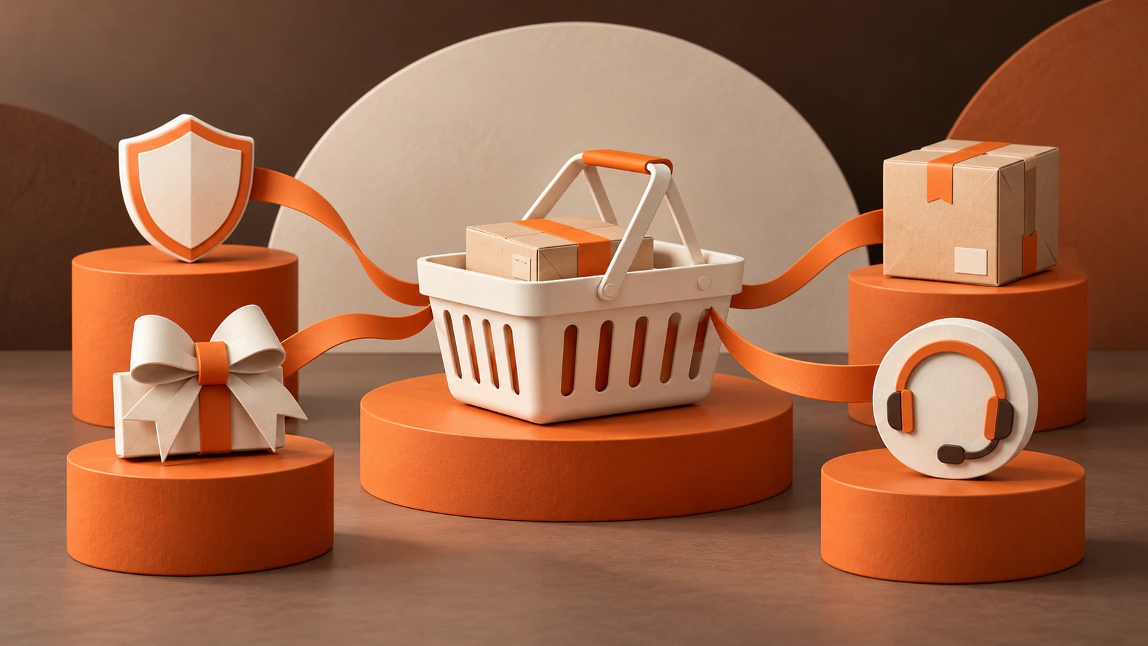 A shopping basket and parcel connect by orange ribbons to optional wrapping, protection, delivery and support services.